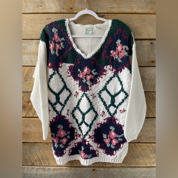 Vtg Shenanigans Sz Medium Hand Knitted Floral Sweater Cottage Grandma 80s 90s - Picture 1 of 11